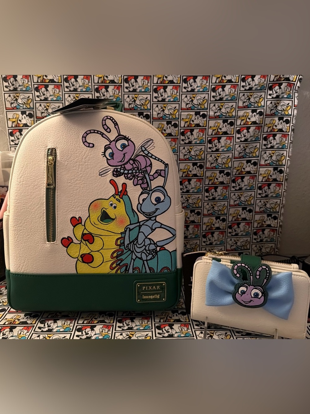 Loungefly Disney Pixar Bugs Life Stacked Embroidered Mini Backpack&WalletSet NWT